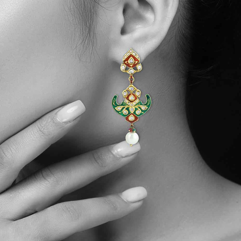 Polki Earrings with Green-Red Enamel, Floral Motif and Pearls
